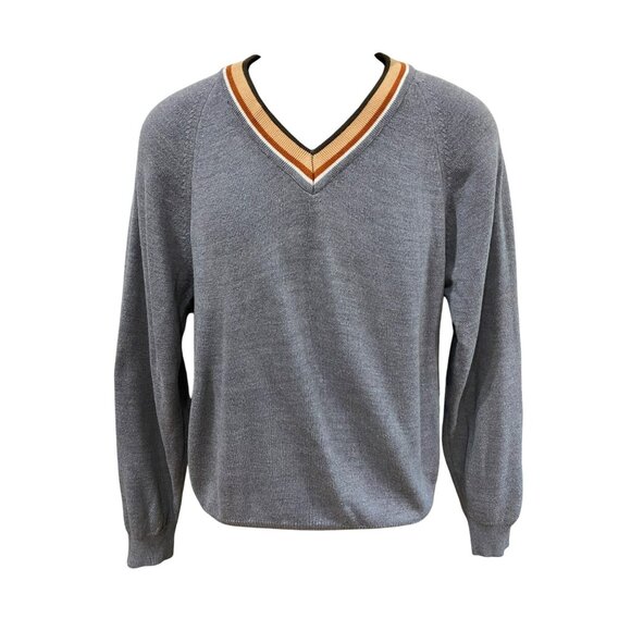 Vintage Bike Gray V-Neck Sweater With Striped Collar Men’s Size Small - Picture 1 of 8